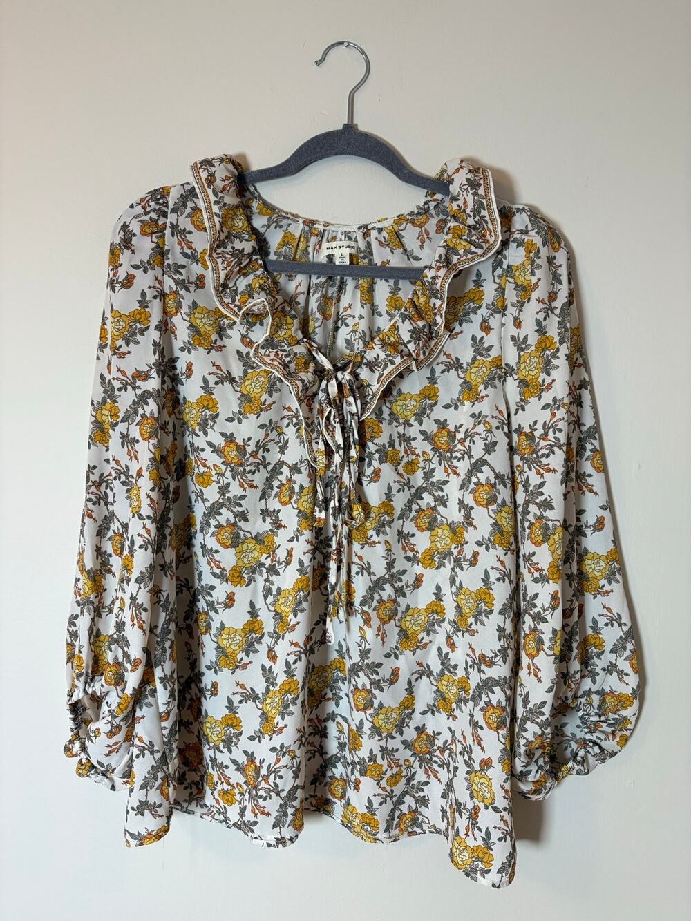 Yellow Floral Boho Long Sleeve Flowy Blouse SZ L Cottagecore Peasant Spring